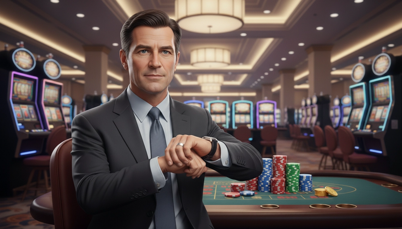 Thoughtful casino analyst holding a watch while planning PayID gambling options