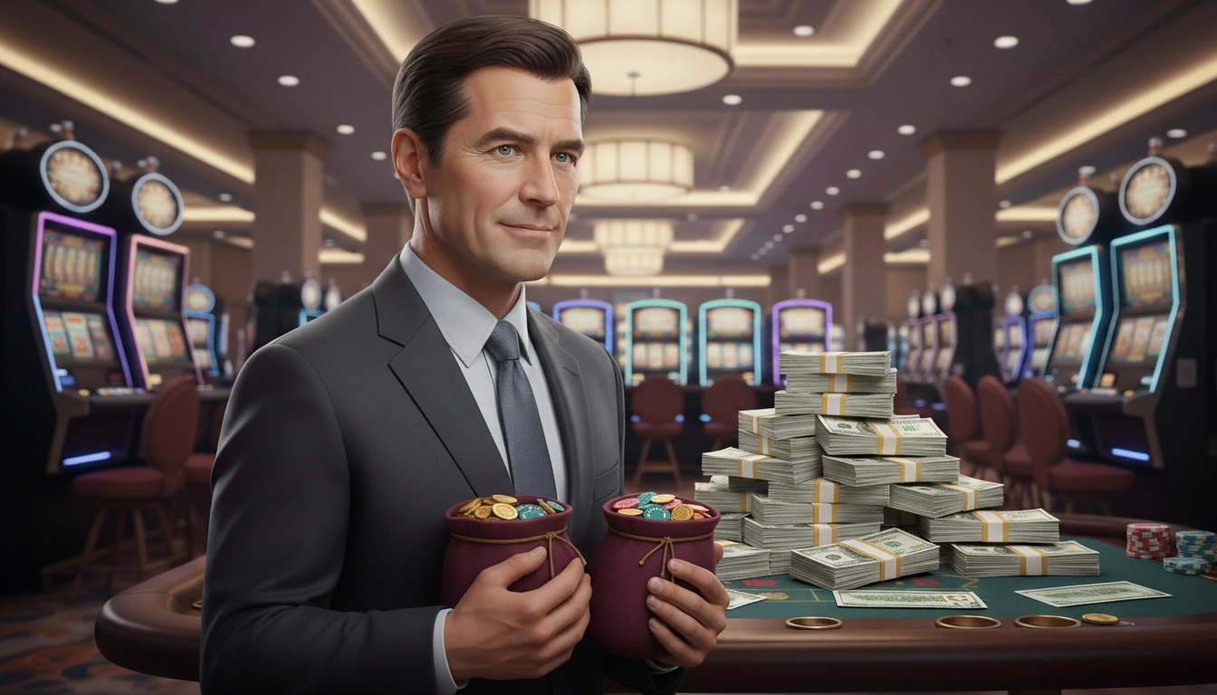 Confident casino expert holding bags of chips after successful PayID gambling