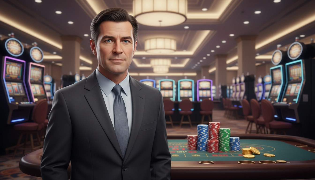 Australian casino expert standing among chips and coins in a casino setting
